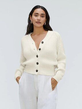 Everlane Textured Cotton Cardigan, Size S, Cream/White